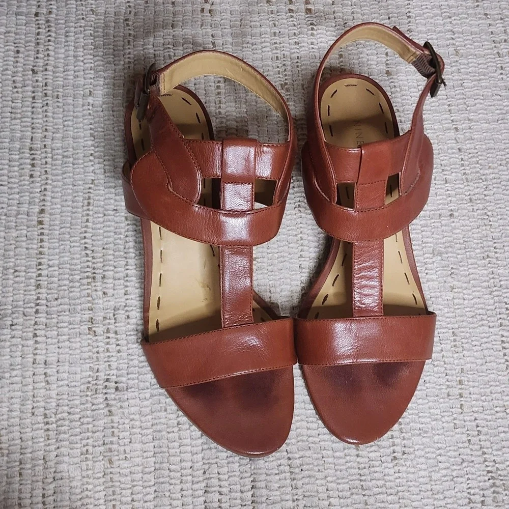 Nine West Voodoo Leather Sandal‎ Brown Tan 7M Wedge Heel Summer Open Toe Ankle